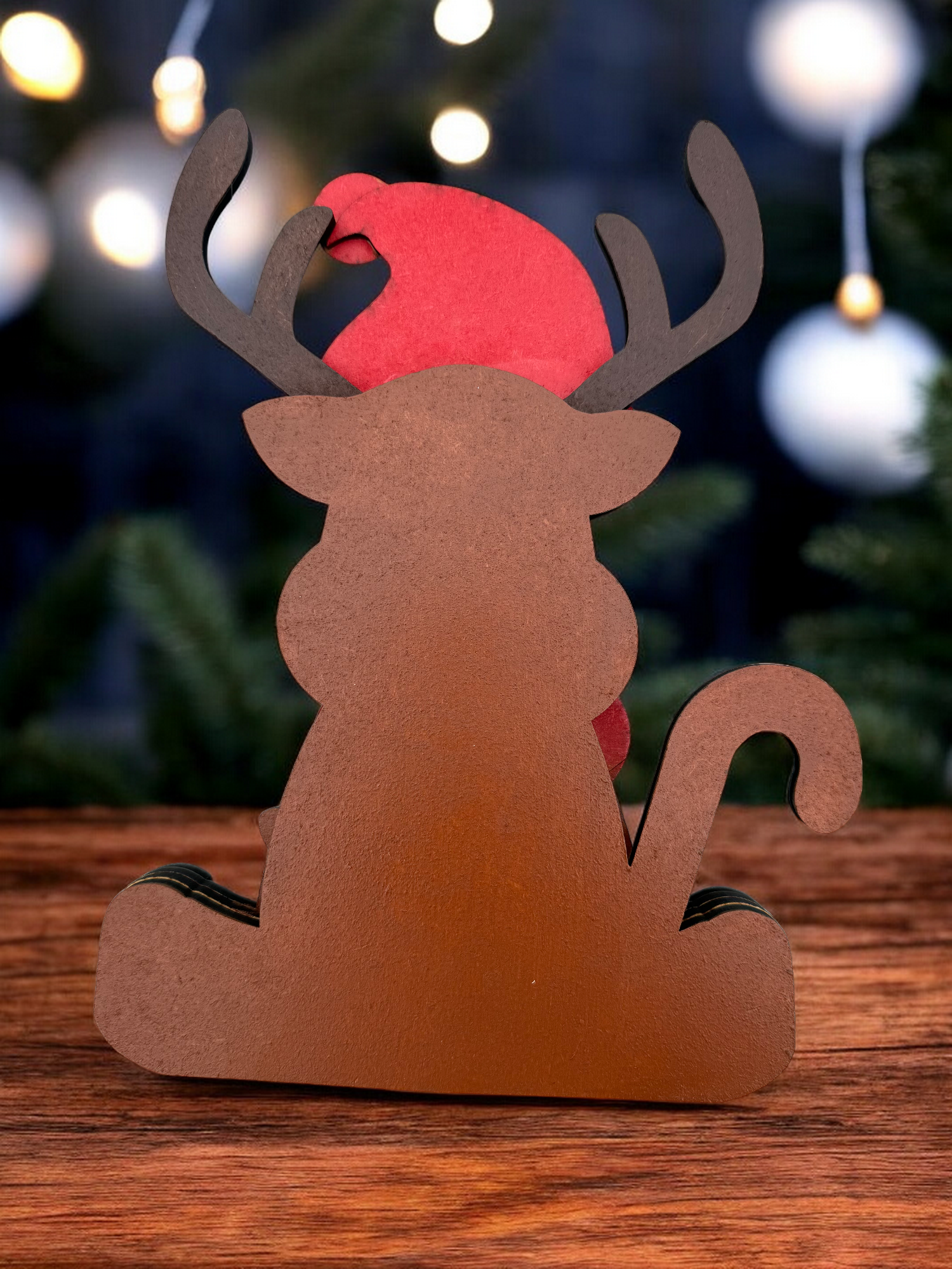 back of reindeer with santa hat