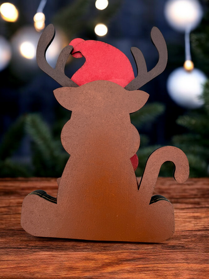 back of reindeer with santa hat